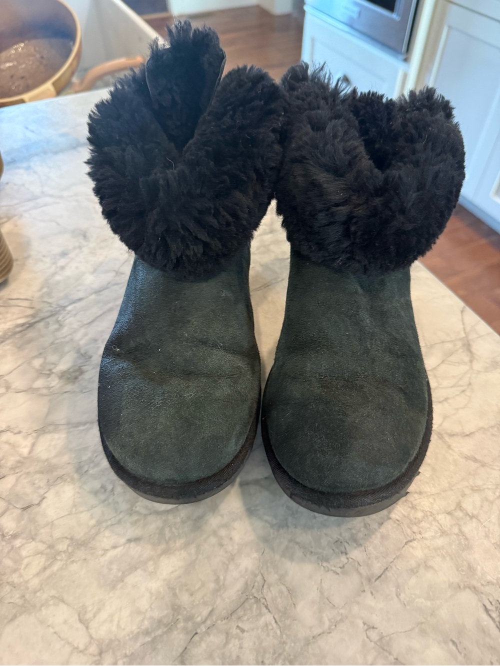 UGG Black Suede Shearling Cuff Ankle Slippers